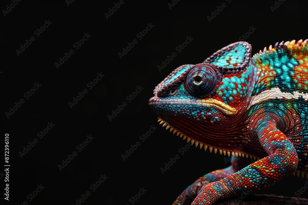 the beside view Panther Chameleon, left side view, white copy space on right, isolated on black background the beside view Panther Chameleon, left side view, white copy space on right, isolated on black background