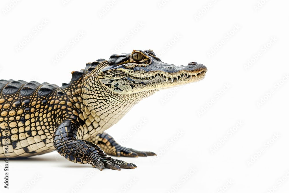 Fototapeta premium the beside view Saltwater Crocodile, left side view, white copy space on right, dutch angle view, isolated on white background