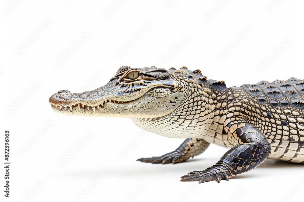 Obraz premium the beside view Saltwater Crocodile, left side view, white copy space on right, dutch angle view, isolated on white background