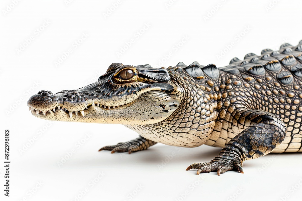 the beside view Saltwater Crocodile, left side view, white copy space on right, dutch angle view, isolated on white background the beside view Saltwater Crocodile, left side view, white copy space on right, dutch angle view, isolated on white background