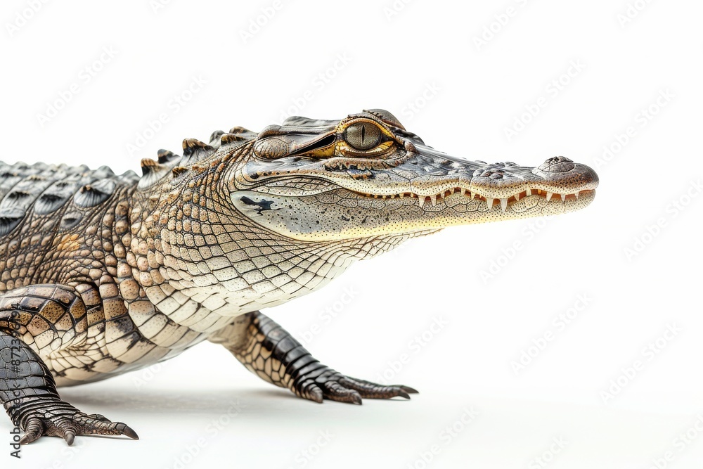 Naklejka premium the beside view Saltwater Crocodile, left side view, white copy space on right, dutch angle view, isolated on white background