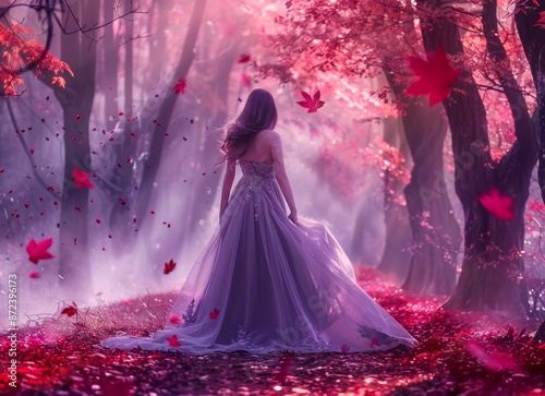 Photo of a young beauty queen on the autumn purple mystic tree. Fantasy entrance world magic divine shining in dark deep forest. Beautiful lady princess dressed in elegant vintage clothes with a long © Maxim Borbut