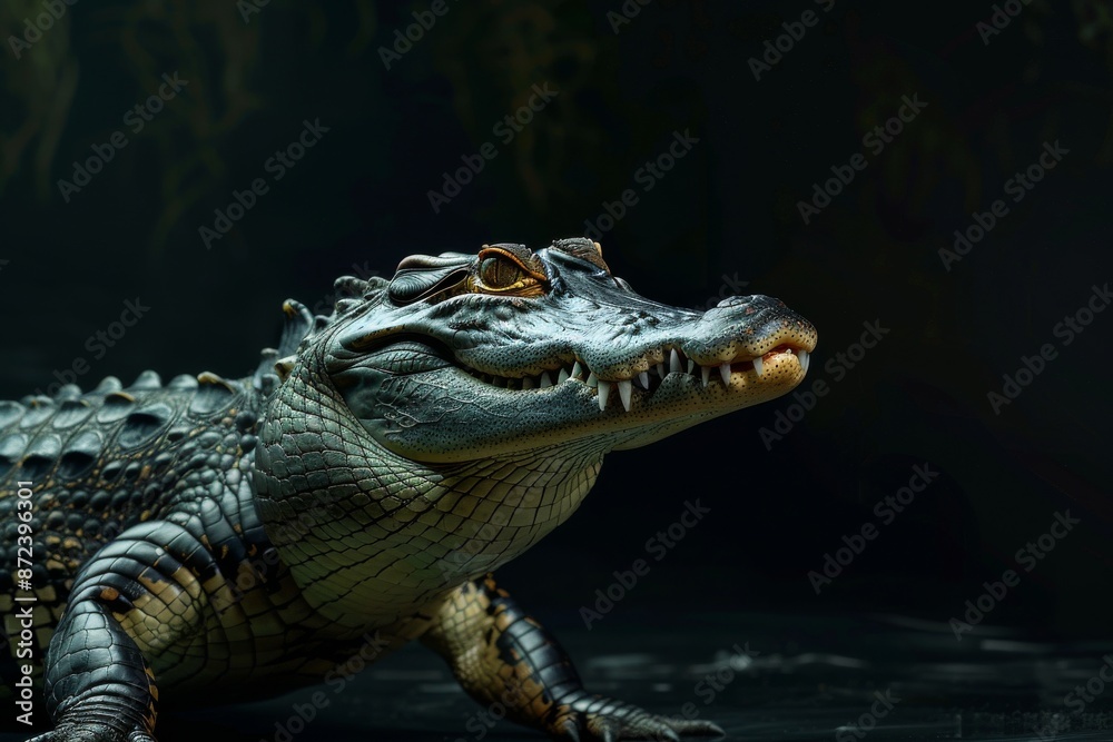 Fototapeta premium the beside view Saltwater Crocodile, left side view, white copy space on right, isolated on black background