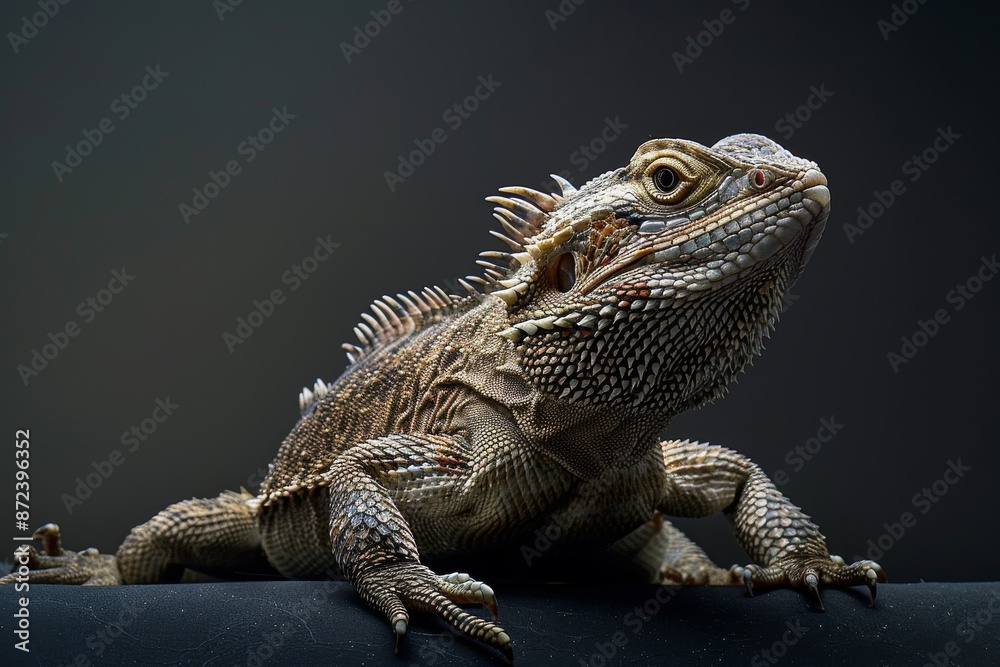 Fototapeta premium the beside view Tuatara, left side view, white copy space on right, isolated on black background