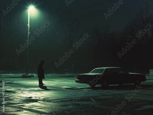 A person in a dark coat stands under a dim streetlight in a deserted parking lot at night. The ground is wet, and a car is parked nearby.