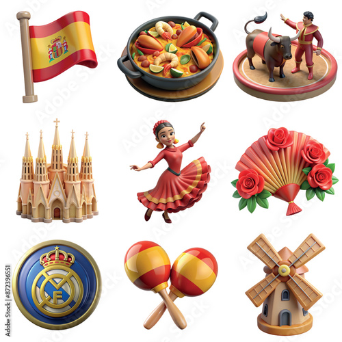 Collection of traditional Spanish symbols including corrida, flamenco, paella dish