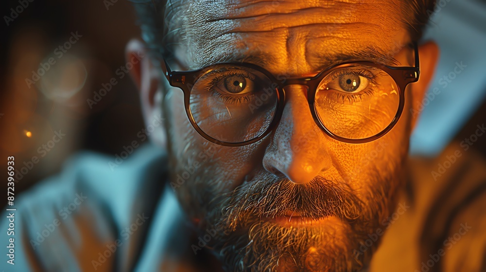 Close-up portrait of a contemplative man with glasses and a beard, illuminated by warm light, highlighting thoughtful expression and introspective gaze. Close-up portrait of a contemplative man with glasses and a beard, illuminated by warm light, highlighting thoughtful expression and introspective gaze.