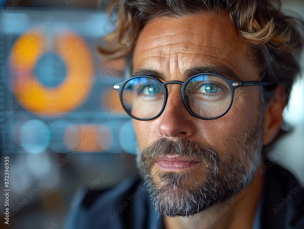 Close-up portrait of a thoughtful man with glasses and beard, business setting with analytical data in the background. Close-up portrait of a thoughtful man with glasses and beard, business setting with analytical data in the background.