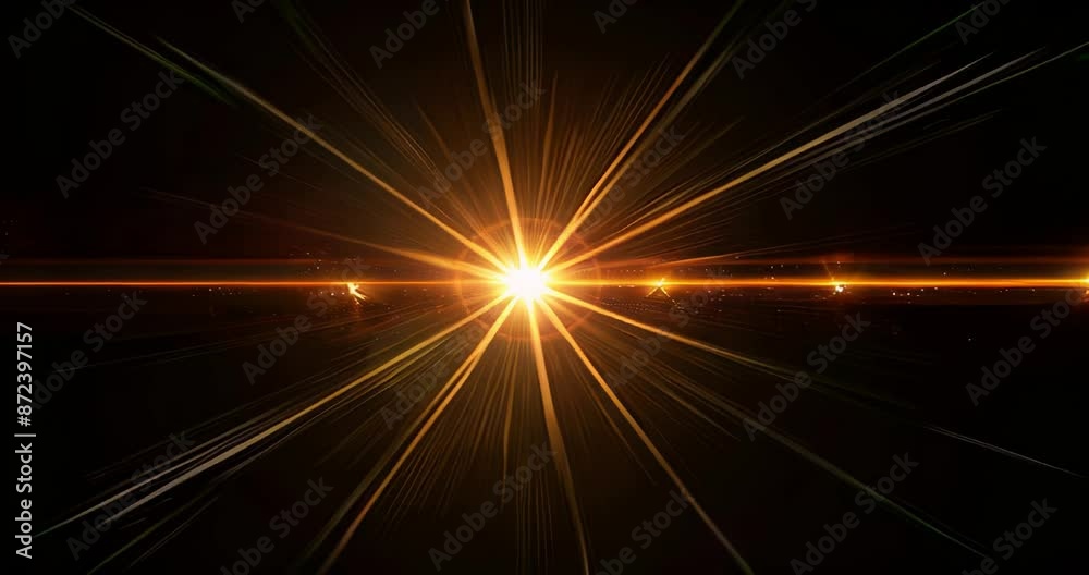 Radiant golden light burst with lens flare on black background for space, technology, and festive concepts Radiant golden light burst with lens flare on black background for space, technology, and festive concepts