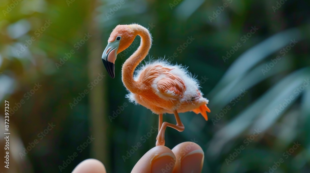 Fototapeta premium Delicate miniature flamingo figurine standing on smooth pink surface. Intricate details visible in feathers and legs. Blurred natural background creates depth.