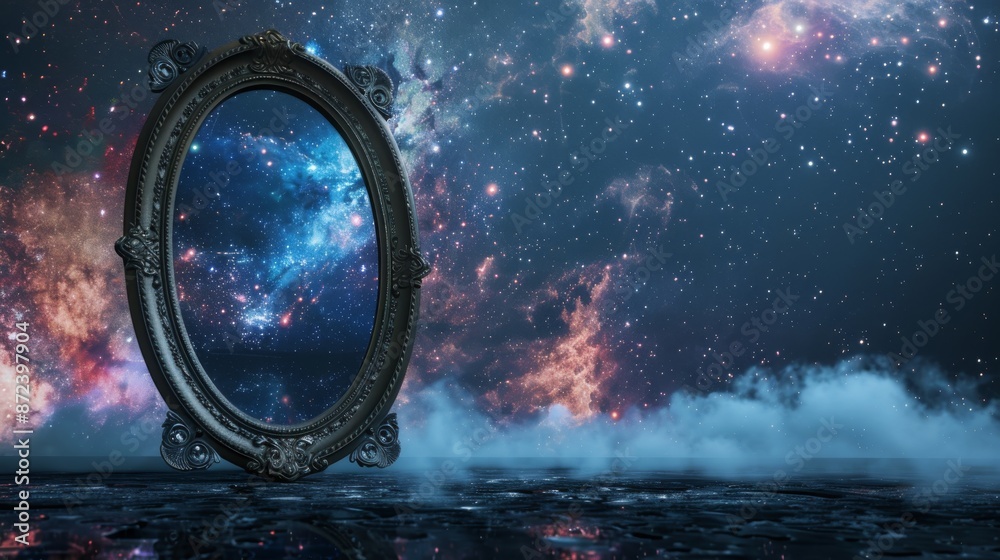 There is a dark forest, a magic mirror and smoke, smog, neon lights, the moon. A dark fantasy mystical landscape with dark fantasy features. There is a dark forest, a magic mirror and smoke, smog, neon lights, the moon. A dark fantasy mystical landscape with dark fantasy features.