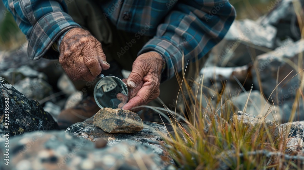 A man is looking through a magnifying glass at something on the ground. Generate AI A man is looking through a magnifying glass at something on the ground. Generate AI
