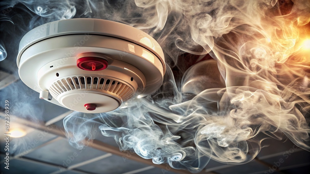 Fire alarm and smoke detector on the ceiling in the smoke, connected ...