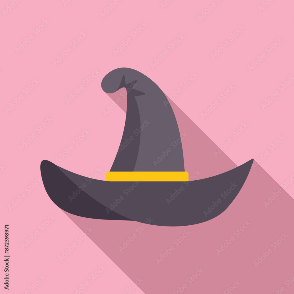 Fototapeta premium Gray witch hat with golden belt casting shadow on pink background