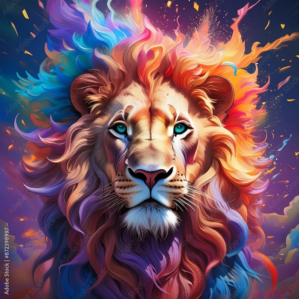 In the image, a lion with a vibrant mane is encircled by fiery flames, creating a striking and captivating scene that sparks intrigue and awe In the image, a lion with a vibrant mane is encircled by fiery flames, creating a striking and captivating scene that sparks intrigue and awe