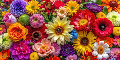 Vibrant multi-colored flower background featuring a diverse assortment of blooming flowers, showcasing numerous species, petals, and textures in a stunning floral display. © Man888