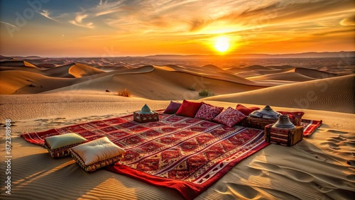 Vibrant orange hues of a serene desert sunset surround a deserted carpet, adorned with intricately patterned pillows, in the majestic Emirates dune landscape. photo