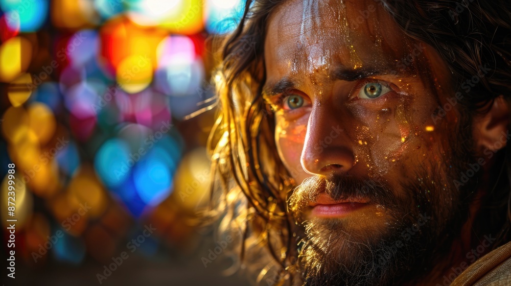 Jesus Christ. Statue of Jesus in a church, stained glass in background. Jesus Christ. Statue of Jesus in a church, stained glass in background.