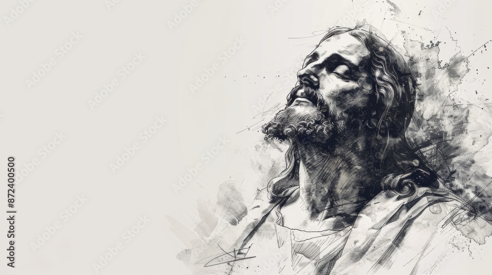 Sketch of Jesus Christ on white background with copy space