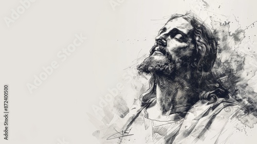 Sketch of Jesus Christ on white background with copy space