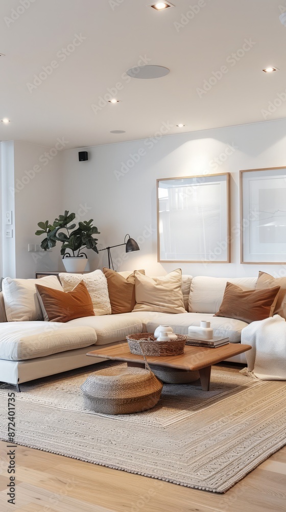 Fototapeta premium Serene living room with an empty frame above the sofa