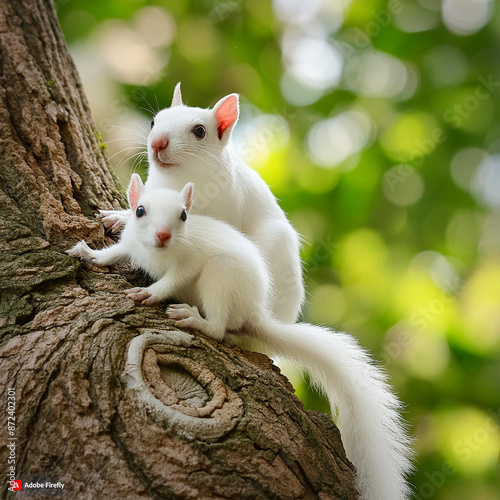 white squirrel and its offspring on a tree © Idir