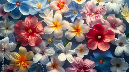 Colorful tropical flowers on a blue textured background. Flat lay floral arrangement for design and print.

