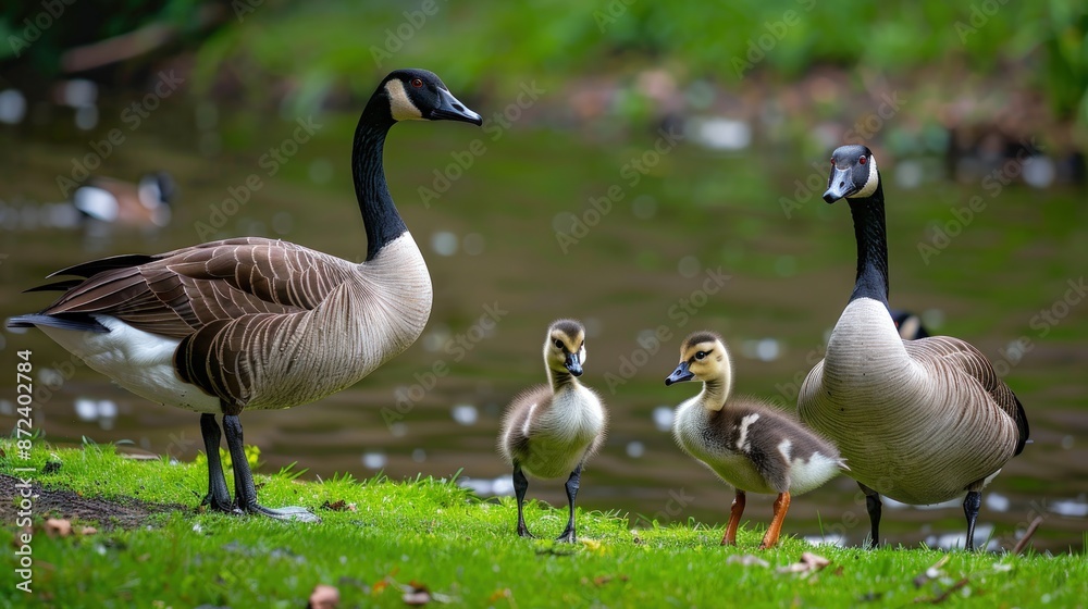 A family of geese, including a mother and her three young ones. Generate AI A family of geese, including a mother and her three young ones. Generate AI