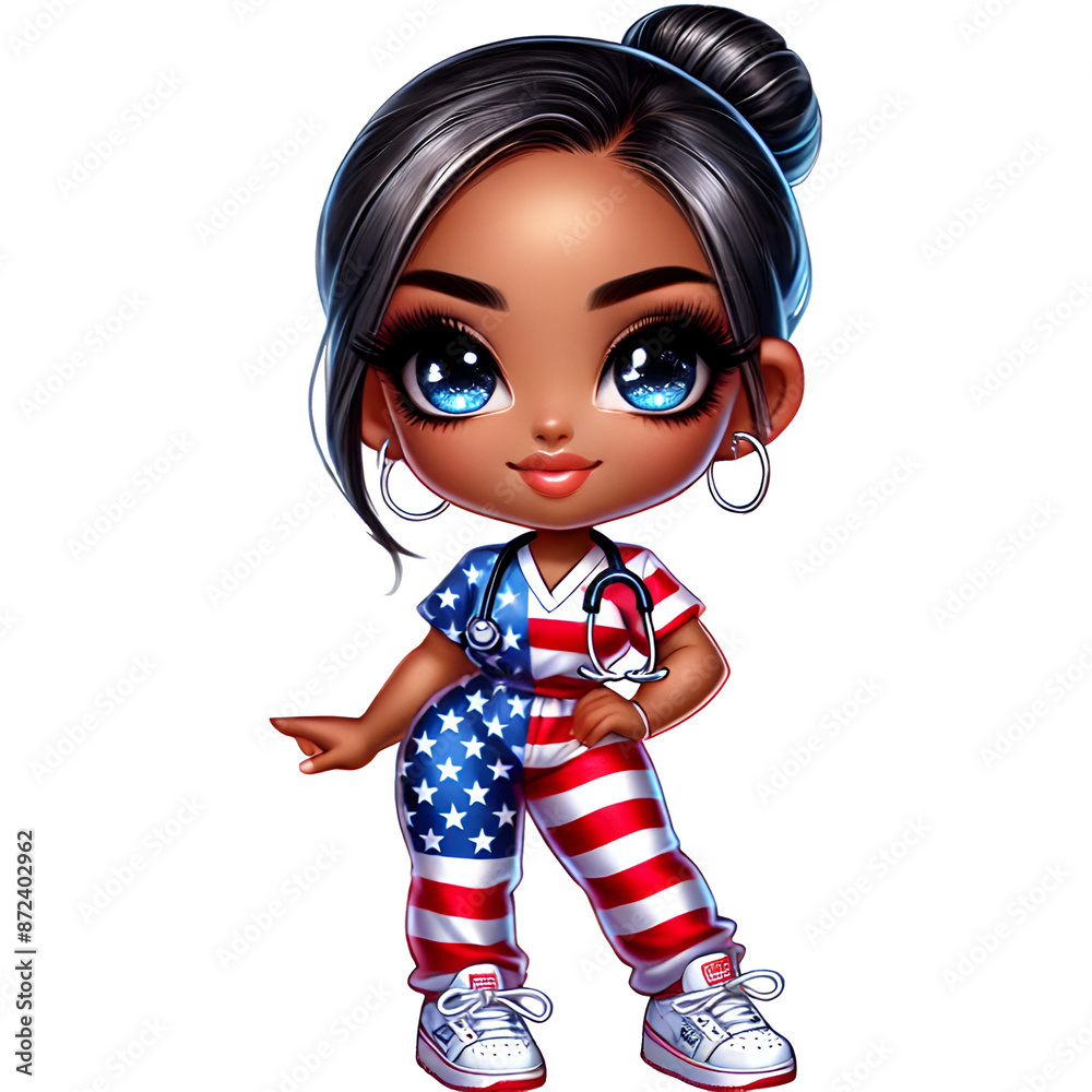 Black American Woman Chibi Style Cartoon Nurse Wearing American Flag Scrubs Black American Woman Chibi Style Cartoon Nurse Wearing American Flag Scrubs