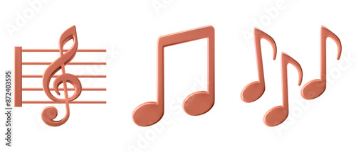 Music emoticon, app emoji. Musical score, notes vector icon set. Red pink melody luxury illustration. Singing song or playing instrument, concert listening symbol. Cartoon 3d logo sound chord render