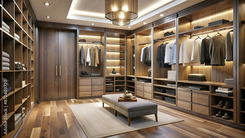 Modern interior of dressing room in luxury apartment. Wooden shelves Modern interior of dressing room in luxury apartment. Wooden shelves