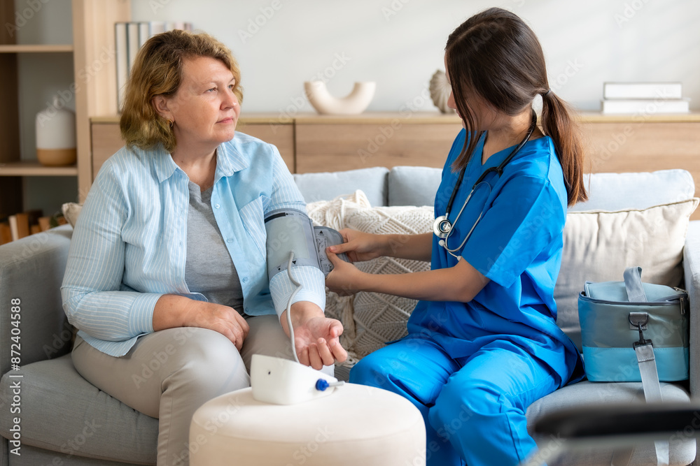 Obraz premium Nurse Providing Home Care to Elderly Woman, Checking Blood Pressure in Comfortable Living Room Setting