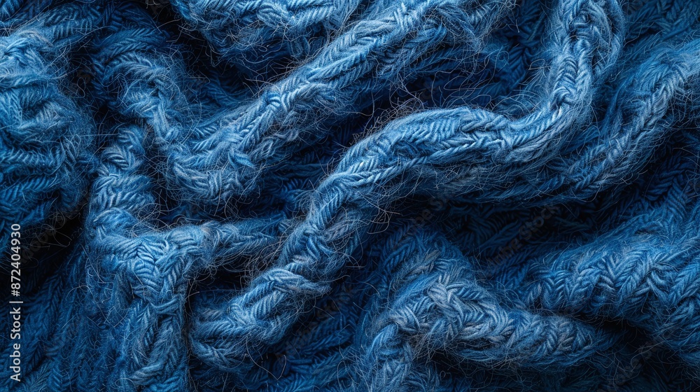 Fototapeta premium Blue cable-knit fabric background. Close-up texture for design and print. Abstract fabric concept.