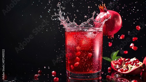 Product shot of a splashing pomegranate juice, isolated black background