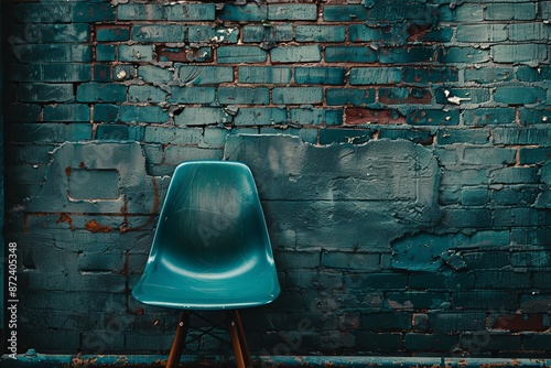 Blue chair in front of a blue brick wall with copy space.