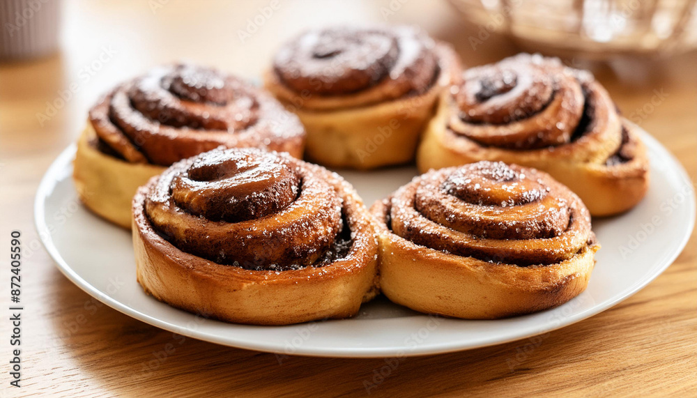 Plate with tasty cinnamon buns on wooden table, closeup; fresh homemade cakes for breakfast Plate with tasty cinnamon buns on wooden table, closeup; fresh homemade cakes for breakfast