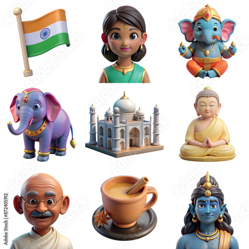 Collection of traditional Indian symbols including indian gods, Taj Mahal, masala tea