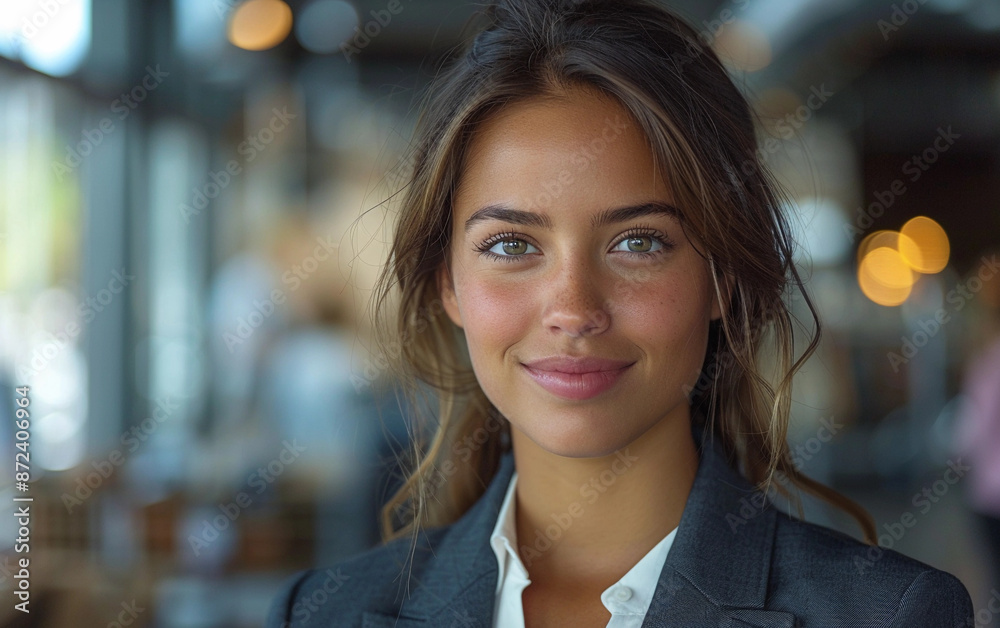 A Native American woman wearing a suit smiles confidently in a modern office setting A Native American woman wearing a suit smiles confidently in a modern office setting