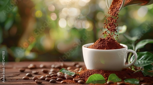 Closeup of mushroom coffee powder being poured into white cup , feel good