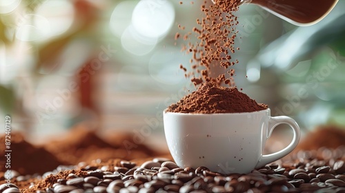 Closeup of mushroom coffee powder being poured into white cup , feel good