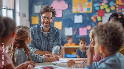 Teacher interacting with a group of diverse students, explaining a lesson on a whiteboard, showcasing a dynamic and inclusive learning environment for educational purposes