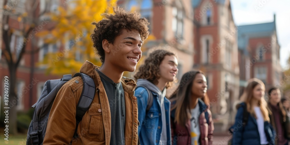 Group of college students walking on a scenic campus, carrying backpacks and chatting, with historic buildings in the background, capturing the essence of college life Group of college students walking on a scenic campus, carrying backpacks and chatting, with historic buildings in the background, capturing the essence of college life