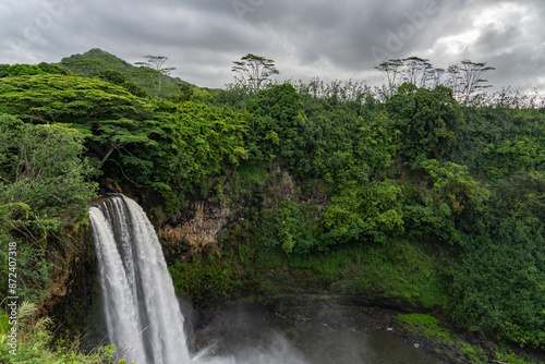 Wailua Falls is a waterfall on the island of Kauai, part of the US state of Hawaii. The 173 foot (52.7 m)  falls are located on the South Fork Wailua River near Lihue.