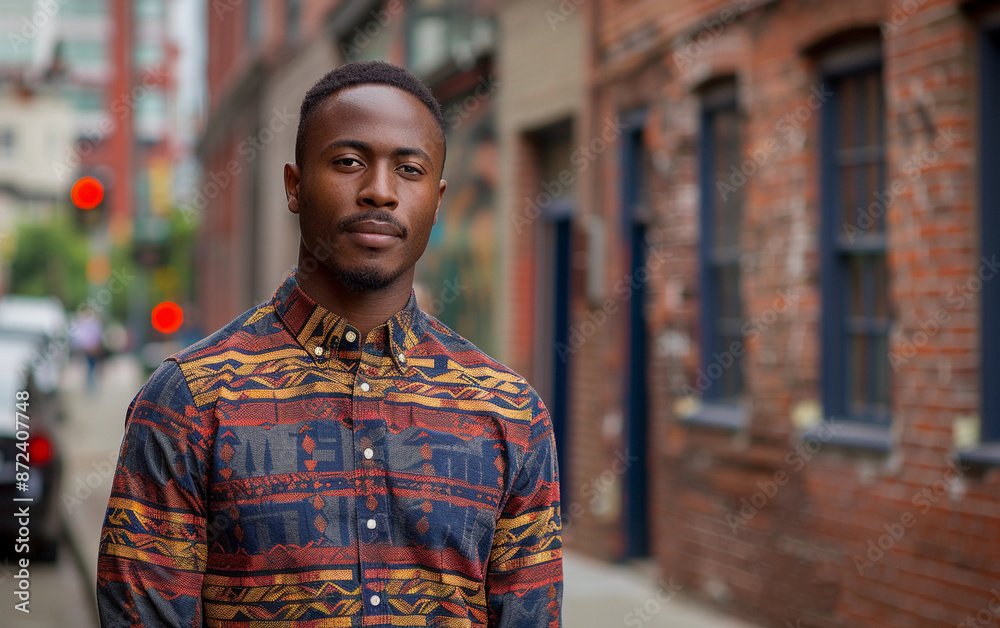 Fototapeta premium A young man of African descent, wearing a patterned shirt, stands on a city street, looking directly at the camera