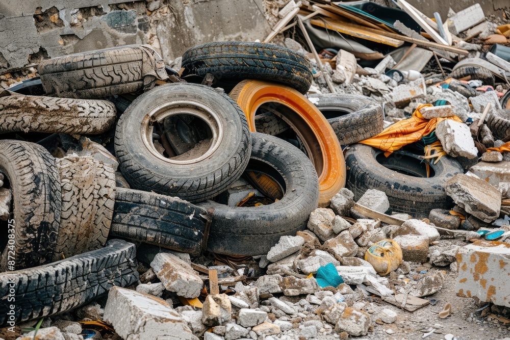 A pile of tires and other debris, including a yellow tire, is scattered on the ground. Concept of disarray and neglect, with the tires and other objects piled haphazardly A pile of tires and other debris, including a yellow tire, is scattered on the ground. Concept of disarray and neglect, with the tires and other objects piled haphazardly