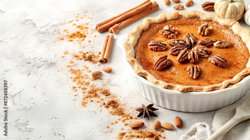 Fototapeta premium Homemade pecan pumpkin pie on white rustic table, concept of festive dessert, holiday baking, traditional Thanksgiving treat. Copy space