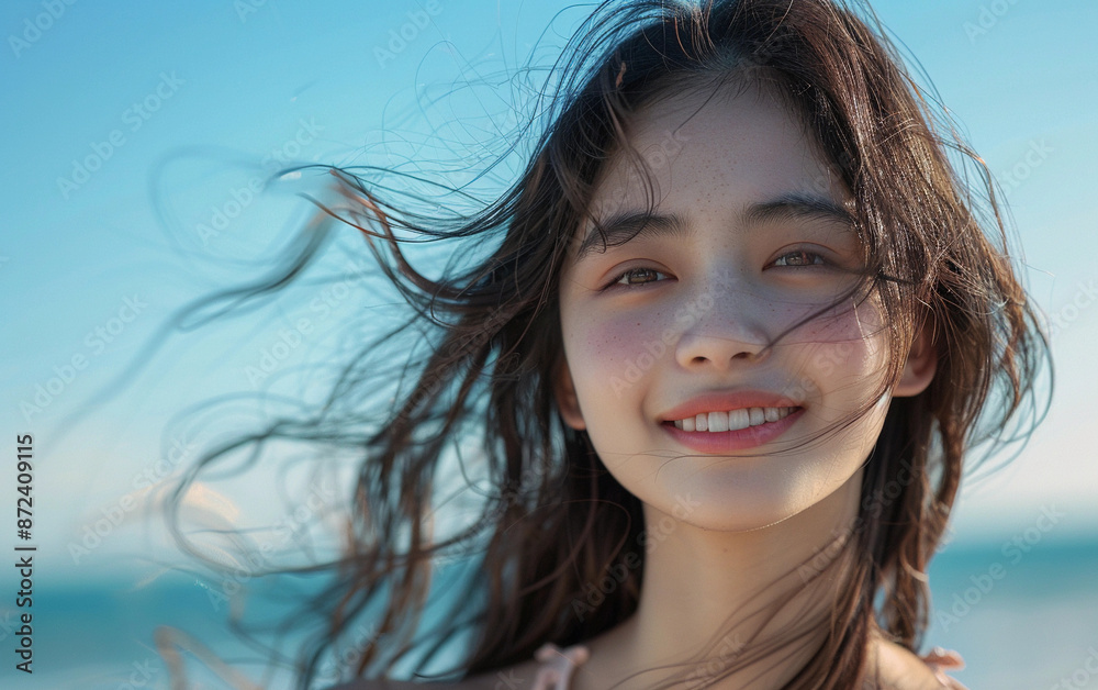 A charming Asian teenager with long, wavy hair smiles as the wind blows through it, creating a soft and ethereal effect. The backdrop is a bright blue sky, suggesting a sunny day A charming Asian teenager with long, wavy hair smiles as the wind blows through it, creating a soft and ethereal effect. The backdrop is a bright blue sky, suggesting a sunny day