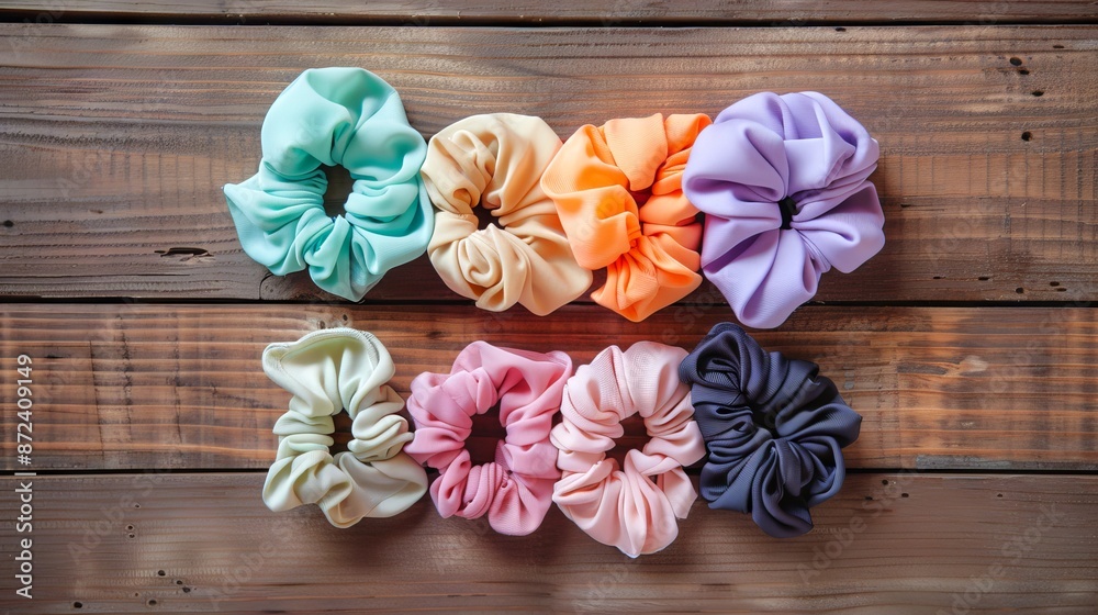 Colorful Satin Scrunchies on Wooden Table, Concept of Fashion Accessories, Hair Care, Beauty Products Colorful Satin Scrunchies on Wooden Table, Concept of Fashion Accessories, Hair Care, Beauty Products