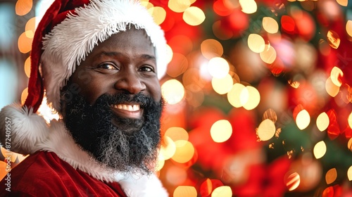 African American man dressed as Santa Claus against festive lights backdrop. Concept of holiday cheer, Christmas celebration, seasonal portrait. Copy space photo