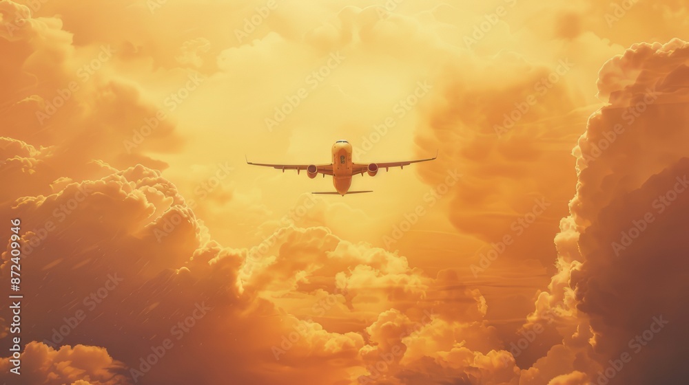 As the plane flies in the afternoon, beautiful orange clouds stretch out around it, creating a stunning backdrop for the journey to a new destiny. As the plane flies in the afternoon, beautiful orange clouds stretch out around it, creating a stunning backdrop for the journey to a new destiny.